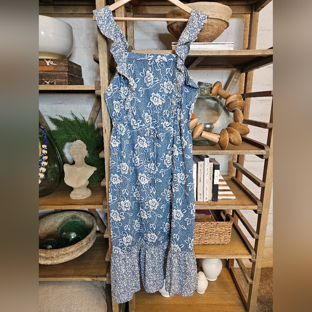 Revolve PAIGE Poppy Dress Blue White Square Neck Prarie Style Cotton L
